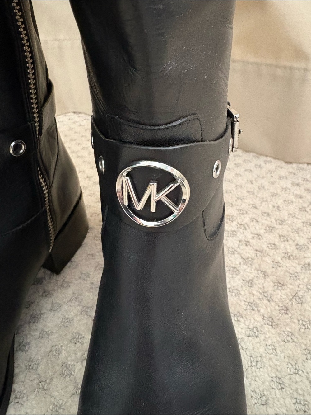 Michael Kors Black Leather Over-the-Knee Riding Boots with Logo Harness - Picture 7 of 10